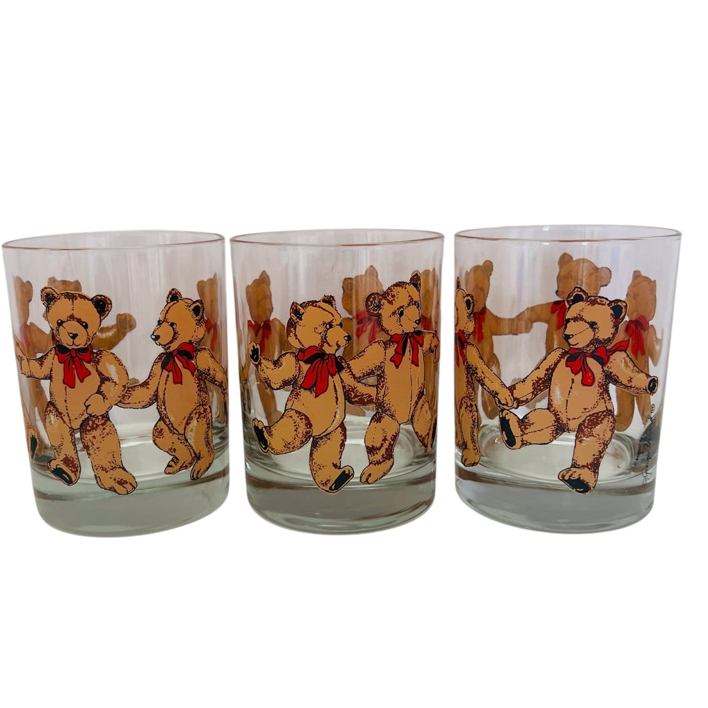 Vintage Georges Briard Teddy Bear Red Bow Drinking Glasses Set of 3