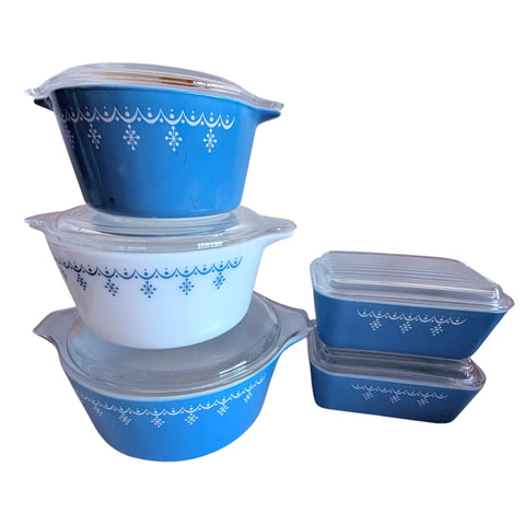 Vintage Pyrex Snowflake Blue Garland 10pc  Lidded Casserole Set