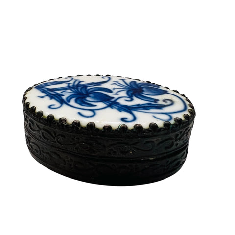 Vintage Metal Porcelain Blue and White  Oval Top with Mirrored Lid