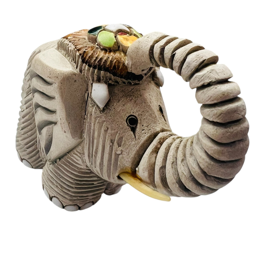 Vintage Sculptured Clay Artesania Rinconada Elephant Figurine w Headdress