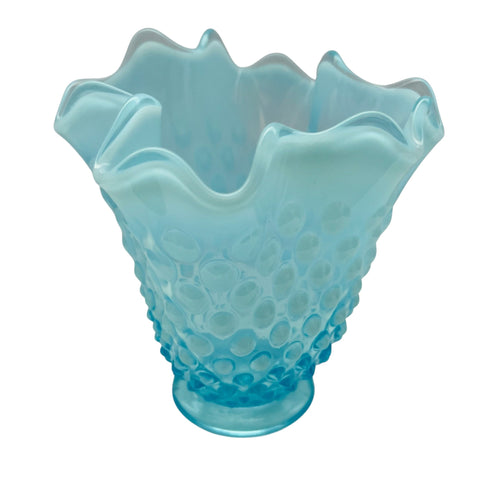 Vintage Fenton Opalescent Aqua Hobnail Ruffled Glass Vase
