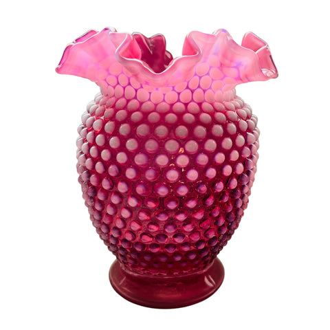 Vintage Fenton Cranberry Opalescent Glass Hobnail Crimped Vase
