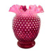 Vintage Fenton Cranberry Opalescent Glass Hobnail Crimped Vase