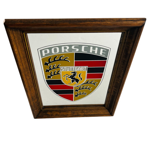 Vintage Porsche Stuttgart Logo Wall Mirror Wood Frame