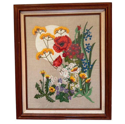 Vintage Crewel Embroidery Flowers Glass Framed Wall Art