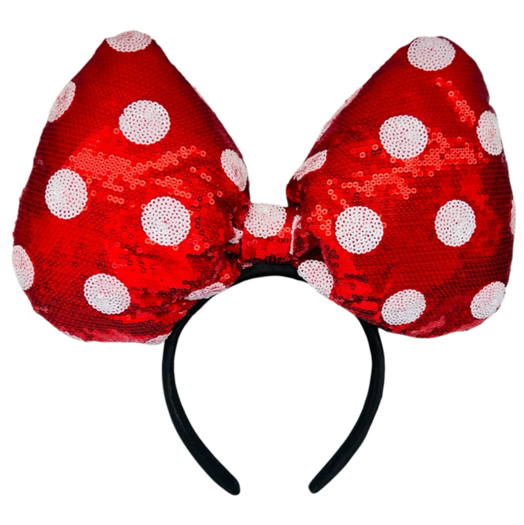 Disney Parks Red White Sequin Polka Dot Oversized Minnie Bow Ears Headbad