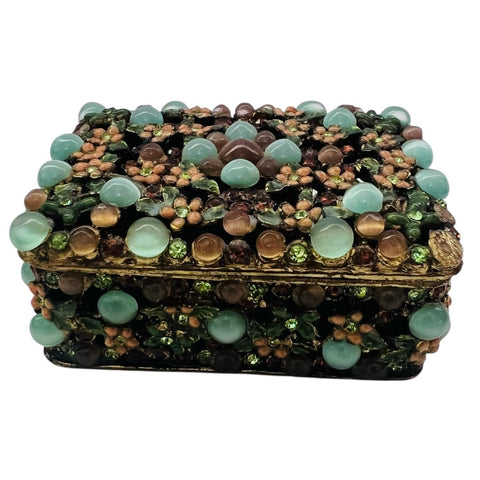 Vintage Trinket Jeweled Floral Filigree Enamel Box with Lid