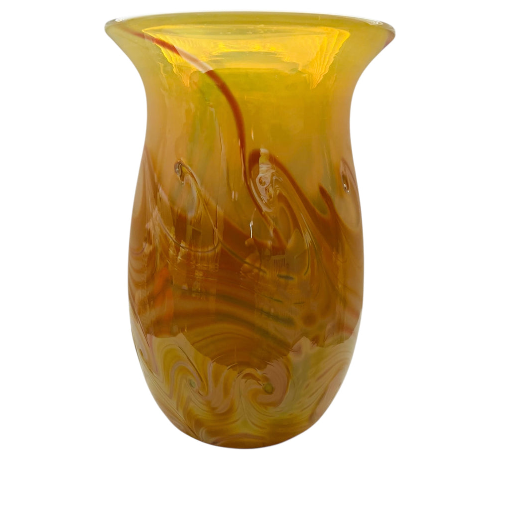 John Barber Art Glass Vessel Pulled Feather Iridescent Yellow Amber Signed Vase