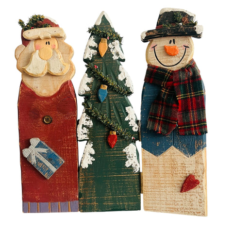 Vintage Festive Wooden Santa Tree Snowman Hinge Standing Holiday Decor Divider