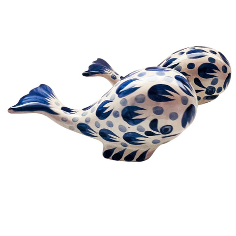 Vintage Blue White Ceramic Mexico Whale Salt and Pepper Shakers Set