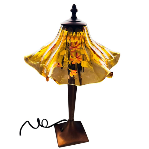 Vintage Fenton Amber Glass Hand Painted Ruffle Floral Lamp