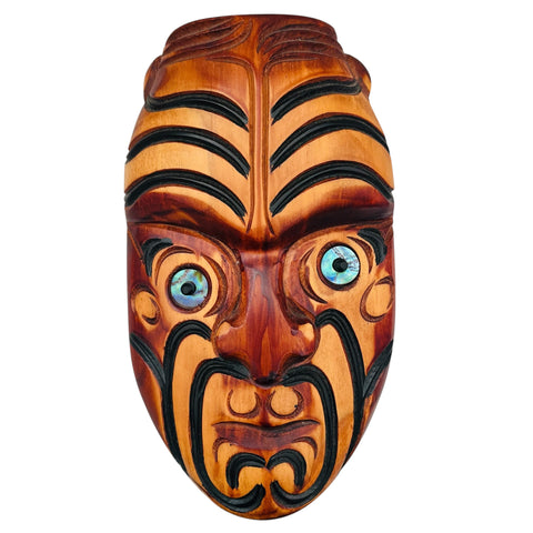 Maori Handcrafted Wooden Wall Sculpture Shell Eyes Tribal Mask