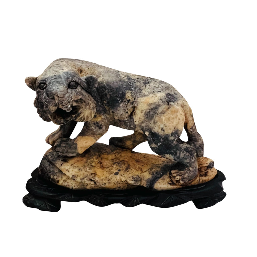 Vintage Stone Carved Tiger Marbled Sculpture
