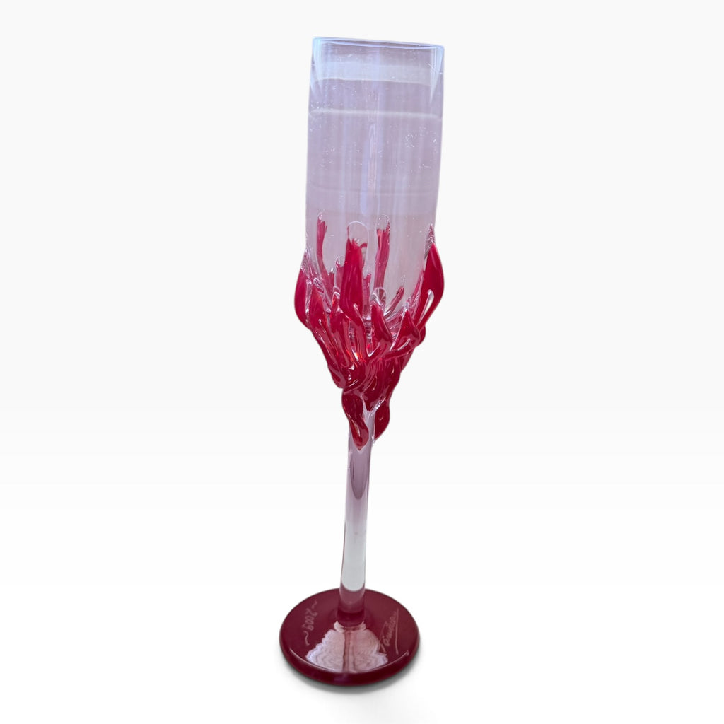 Tamaian Art Glass Signed Champagne Red Flute