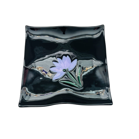 Vintage Fused Black Glass Tray Plate with Purple Flower Design