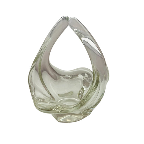 Vintage Clear Art Glass Basket Vase Hand Blown Glass Split Handle
