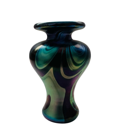 Vintage Miniature Pulled Feather Art Glass Signed Vase