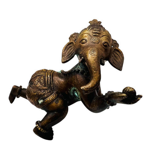 Vintage Brass Ganesh Crawling Statue Figure