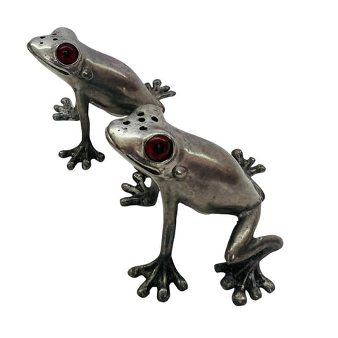 Vintage Frog Metal Figurine Salt and Pepper Shakers - Silver with Red Eyes