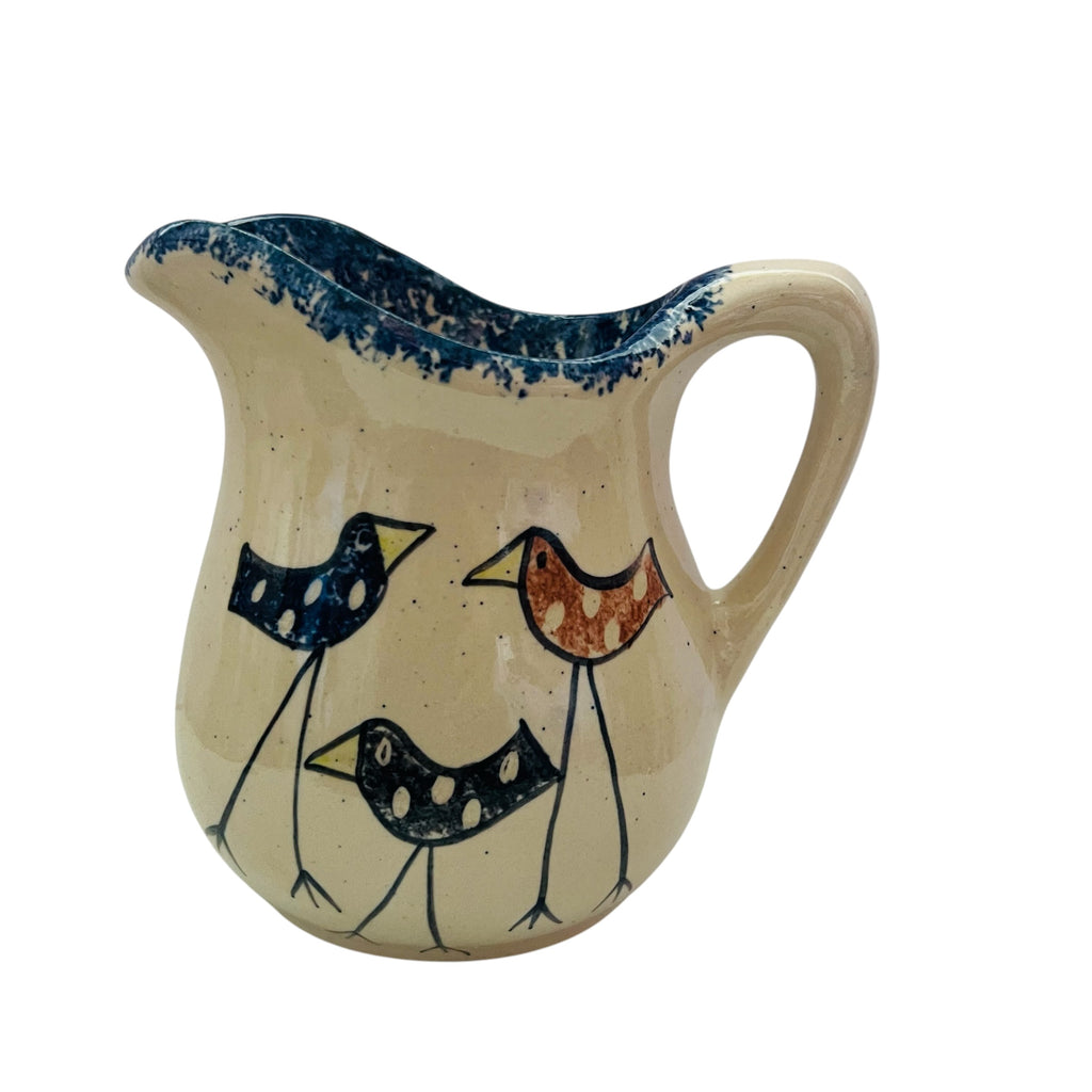 Three Bird Spongeware Handled Stoneware Pottery Pitcher
