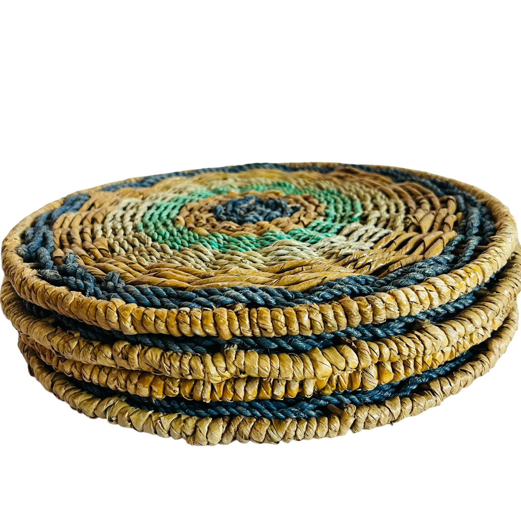 Handwoven Round Seagrass Placemats with Green & Navy Accents (Set of 4)