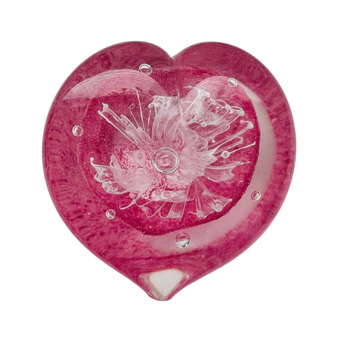 Pink Glass Heart Shaped Clear Flower Paperweight