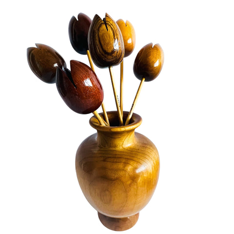 Vintage Myrtle Wood Vase with Six Individual Tulip Wood Flowers