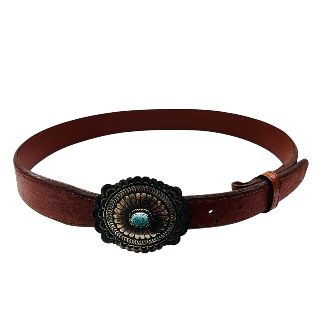 Vintage Teme Turquoise Buckle & Brown Leather Handmade Belt