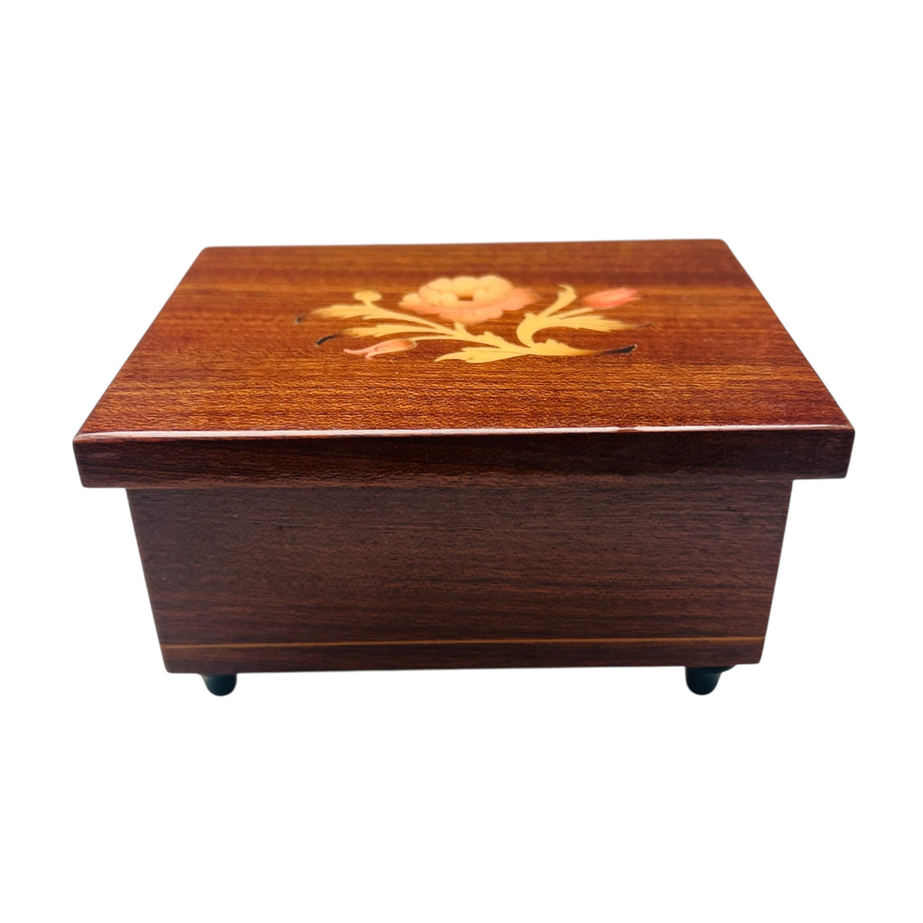 Vintage Reuge Swiss Musical Romeo & Juliet Wooden Jewelry Box with Floral Inlay