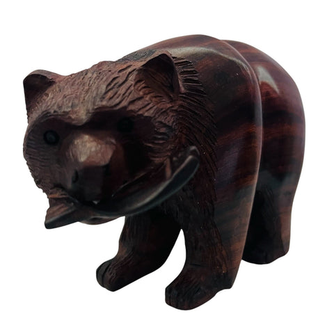 Ironwood Bear Hand Carved with Fish Figurine