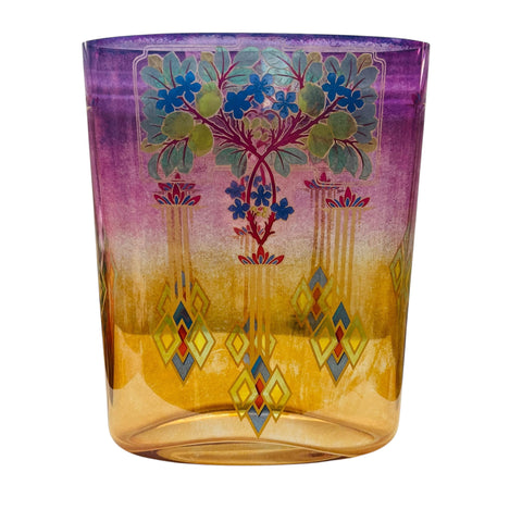 Vintage Signed Art Glass Colorful Floral Cylinder Vase