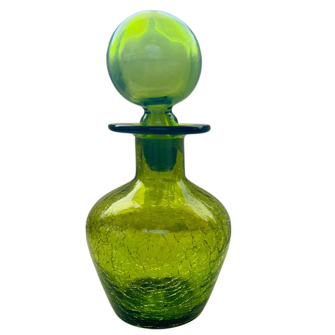 Vintage Blenko Green Crackle Glass Round Ball Stopper Decanter