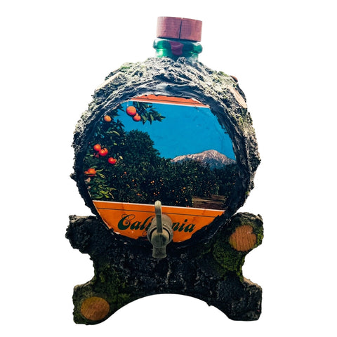 Vintage California Oak Cork Barrel Decanter Souvenir with Stand