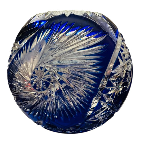 Vintage Crystal Clear Cobalt Blue Hand Cut Poland Bowl