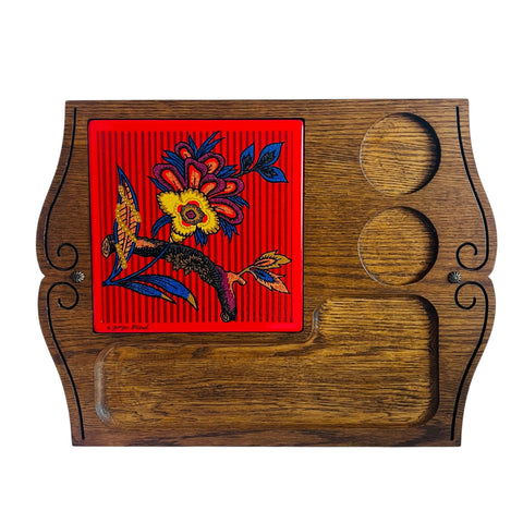 Vintage Georges Briard Wooden Charcuterie Fruits Cheese Floral Tile Board Tray