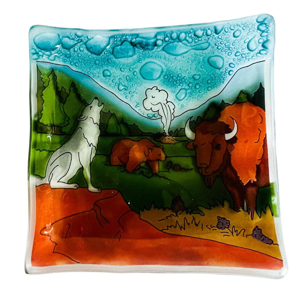 Fused Art Glass Wolf Bear Buffalo Square Soap Dish Trinket Dish