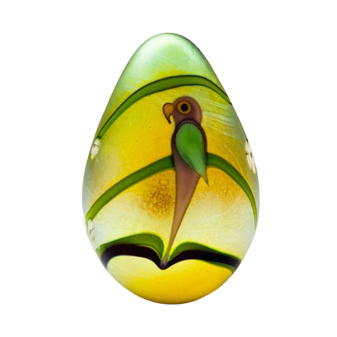 Orient & Flume Bird & Flowers Egg Shape Gold Art Glass Signed Paperweight