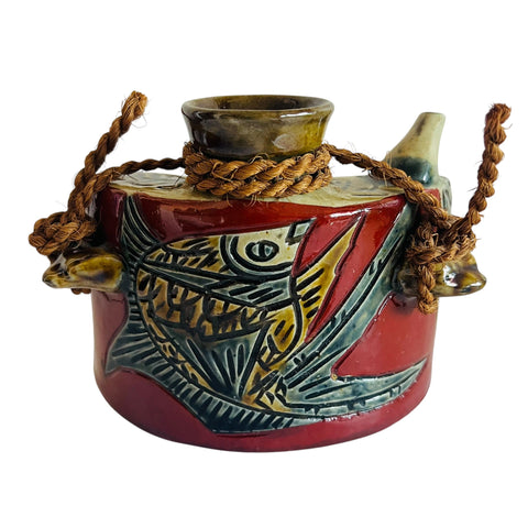 Vintage Japanese Tsuboya Ceramic Okinawan Pottery Hip Signed Fish Design Flask