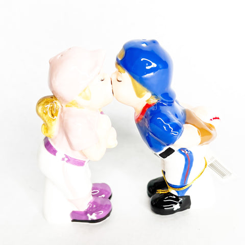 Mwah Salt and Pepper Shakers Ceramic Kissing Boy Girl Baseball Magnetic Westland