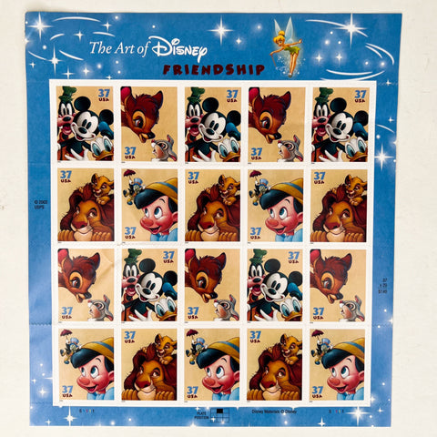 USPS The Art of Disney Friendship, (Goofy, Mickey Mouse, Donald Duck, Bambi, Thumper, Mufasa, Simba, Jiminy Cricket, Pinocchio) Sheet of 20 | 37 Cent Postage Stamps
