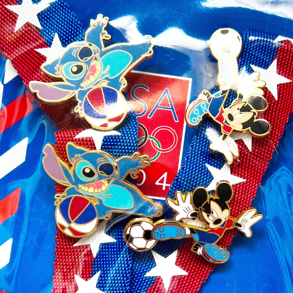 Disney USA Olympics Mickey Mouse Stitch Lanyard Pin Set