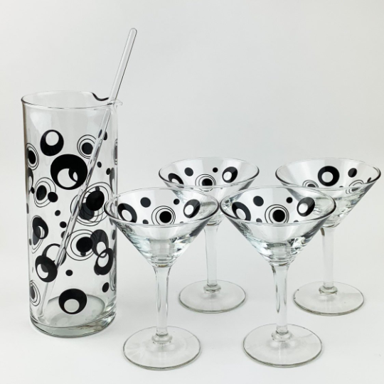 Mod Cocktail Glass Pitcher Martini Glasses Art Deco Retro Bareware 4 Martini Cup Set