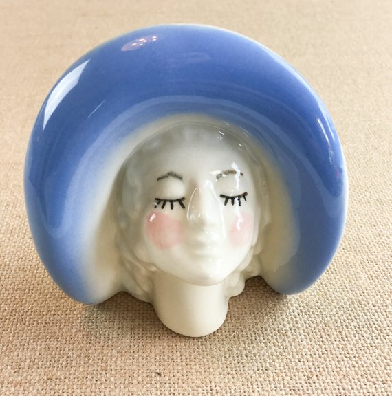 Vintage Lady Head Vase & Wall Pocket Vintage Blue Hat Ceramic Women Face