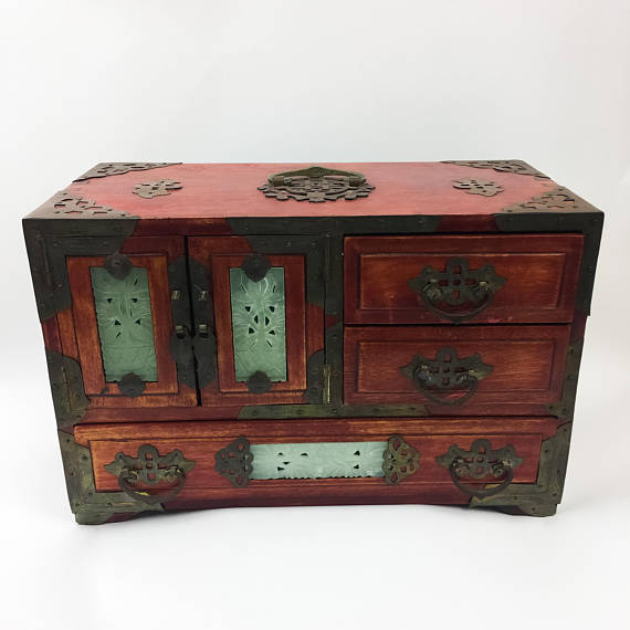 Vintage Oriental Chinese Wood Wooden Jewelry Box Brass And Ornate Carved Jade The Peoples Republic Of China Music Box