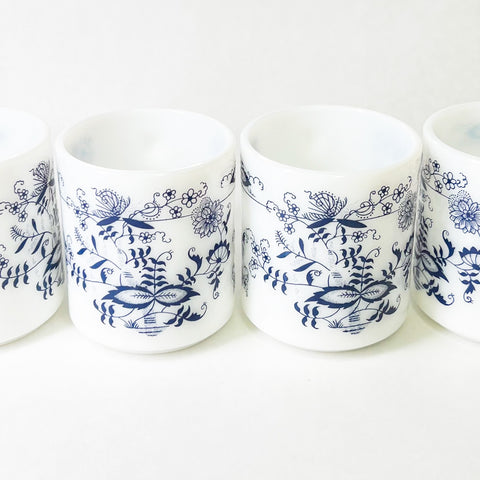 Vintage Glassbake Blue Onion Milk Glass Mugs