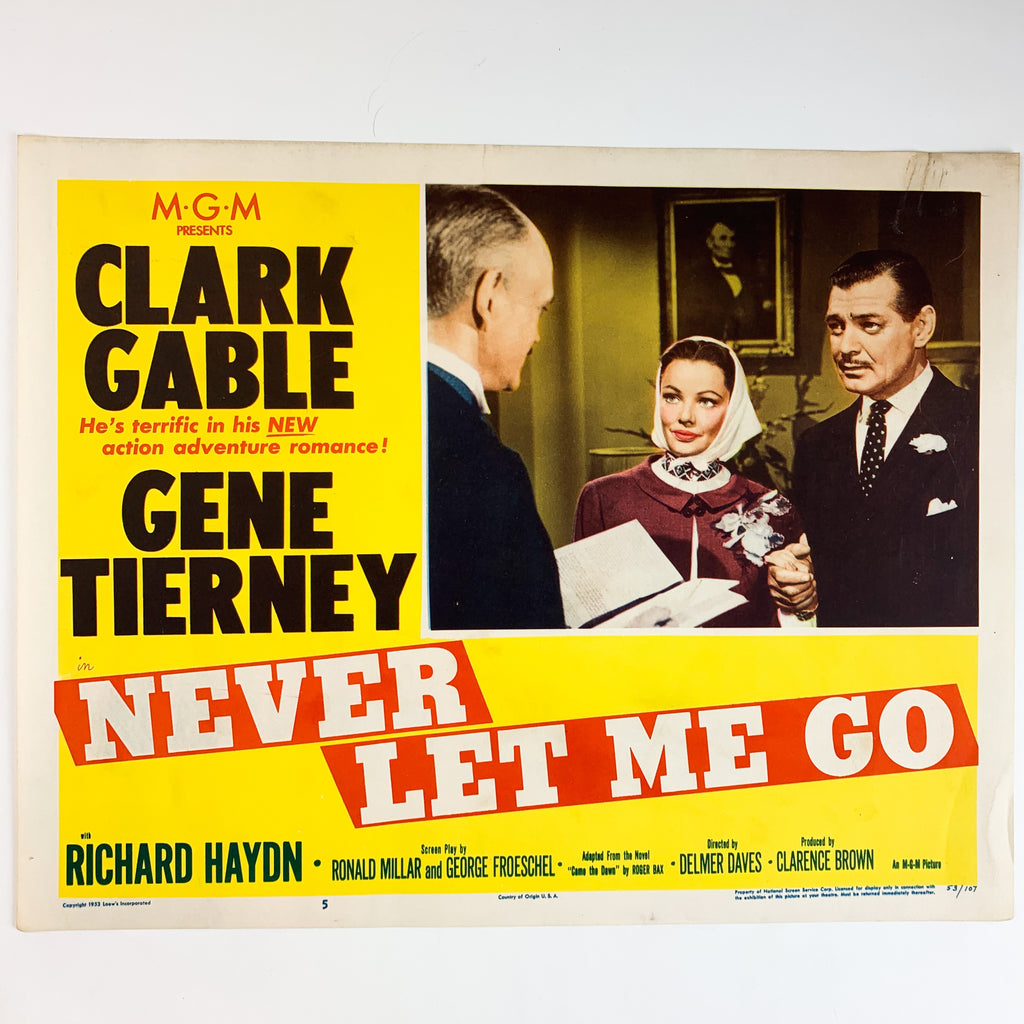 Vintage 1953 MGM Never Let me Go Clark Gable Gene Tierney #5 Lobby Card