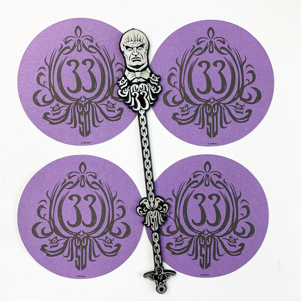 Disneyland CLUB 33 Haunted Mansion 50th 1 Swizzle Stick 4 Coasters