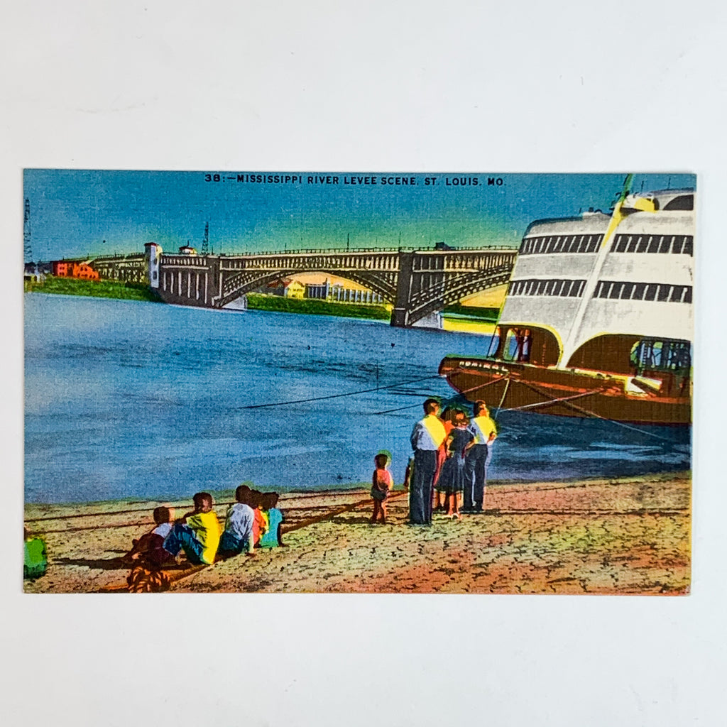 Mississippi River Levee Scene St. Louis Missouri MO Linen Postcard