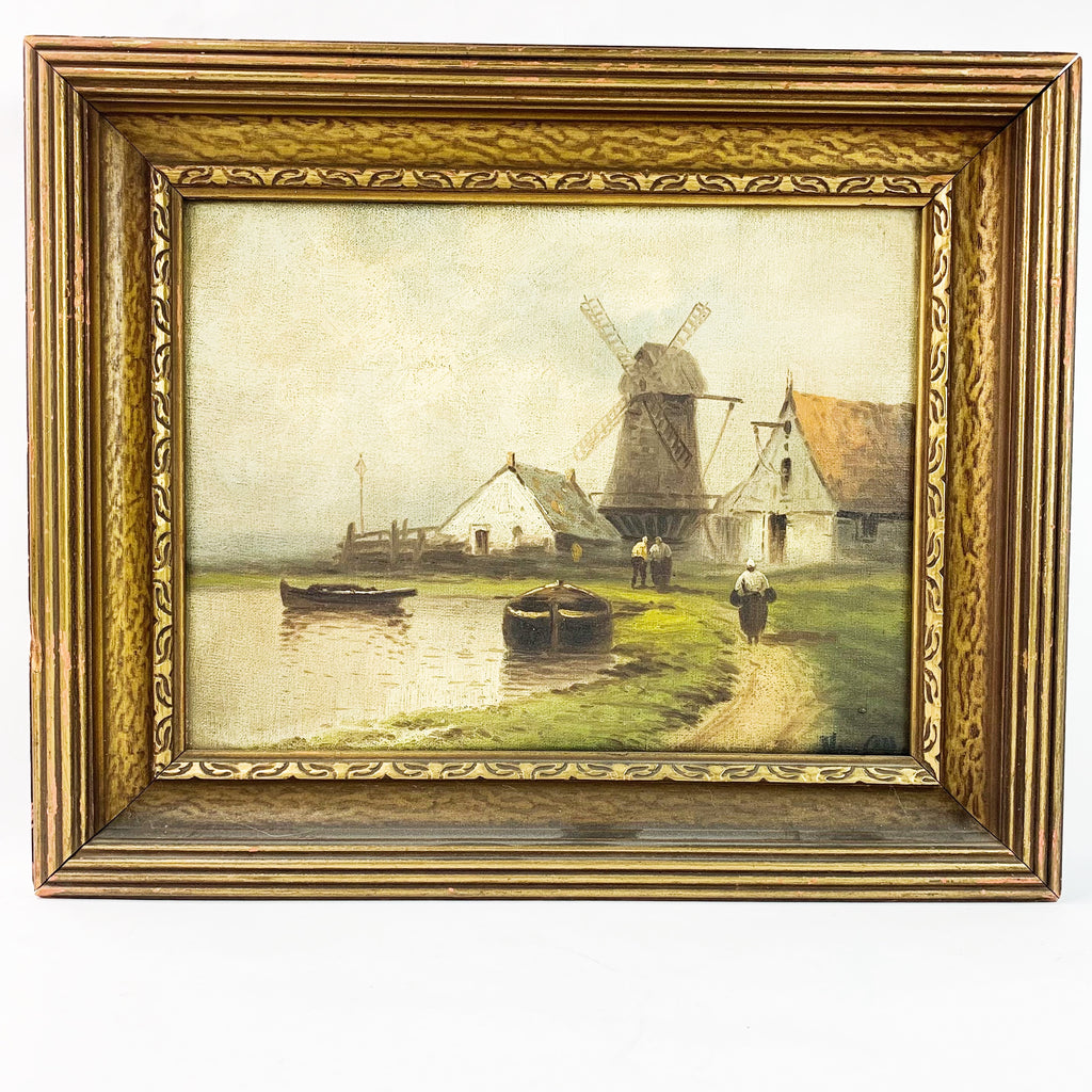 Antique Oil on Canvas Windmill Landscape Signed