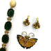 Vintage Dynasty Carved Dark Green Jade Bracelet Earring & Butterfly Pin